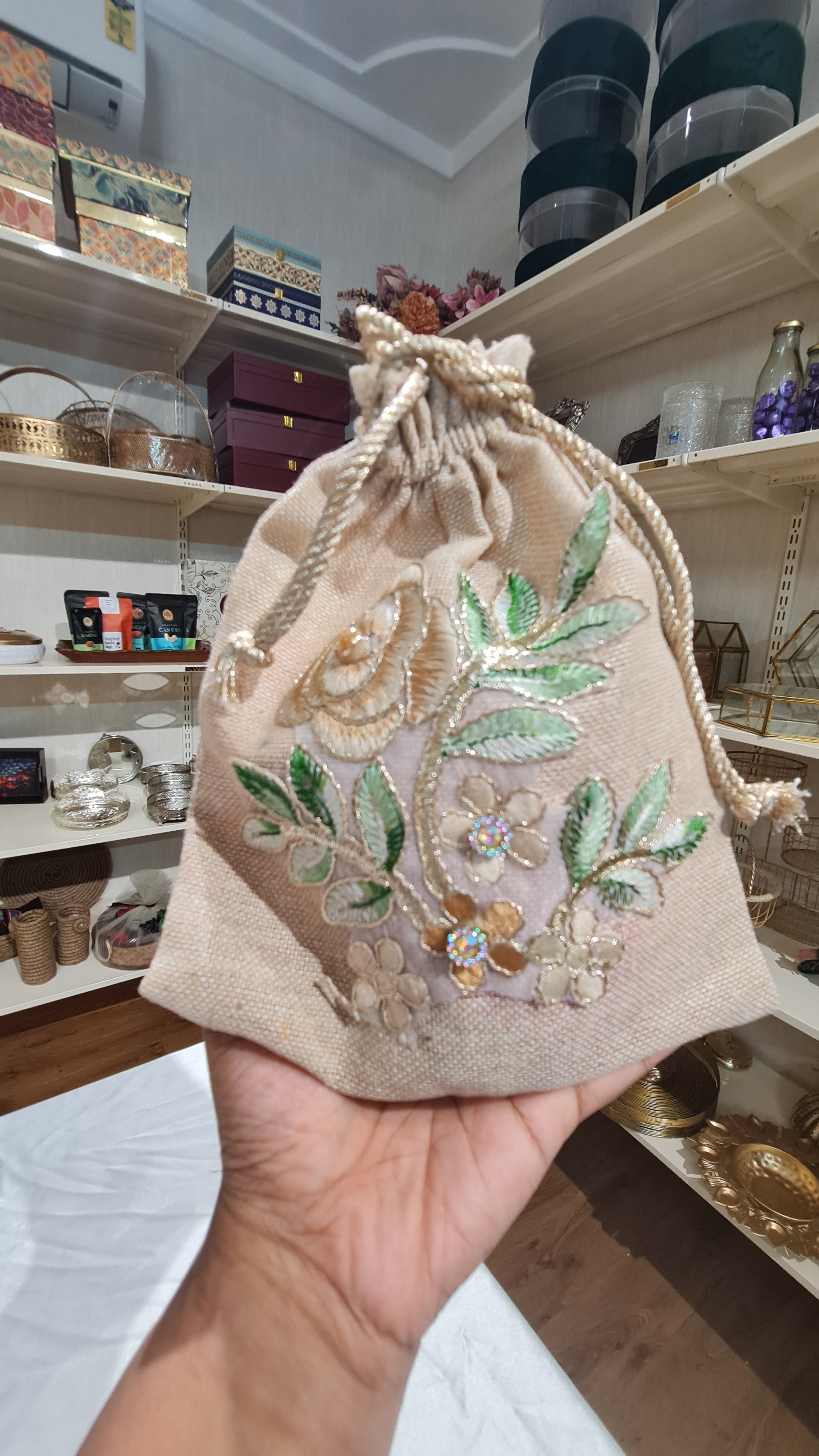 Big Jute Potli Bag | Floral Embroidery | Eco-Friendly Return Gift (23 Cm Height x 18 Cm Length)