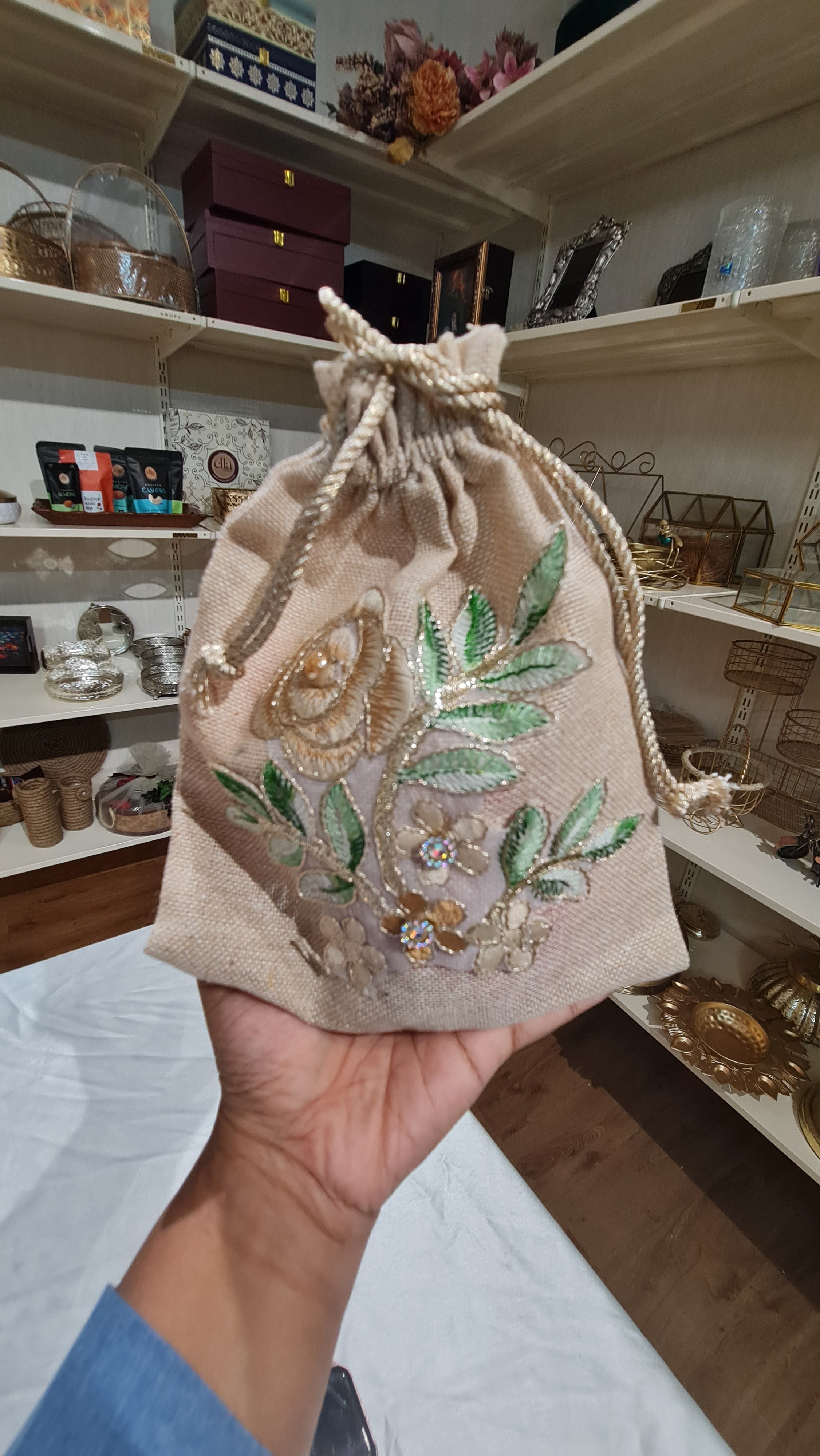 Big Jute Potli Bag | Floral Embroidery | Eco-Friendly Return Gift (23 Cm Height x 18 Cm Length)
