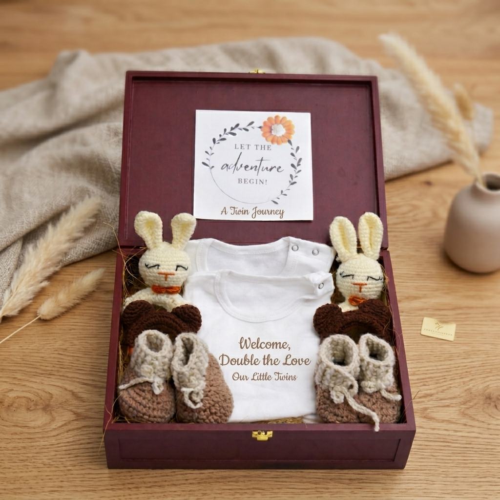 Baby gift set with two rabbit-themed booties and a onesie in a decorative box on a wooden surface.