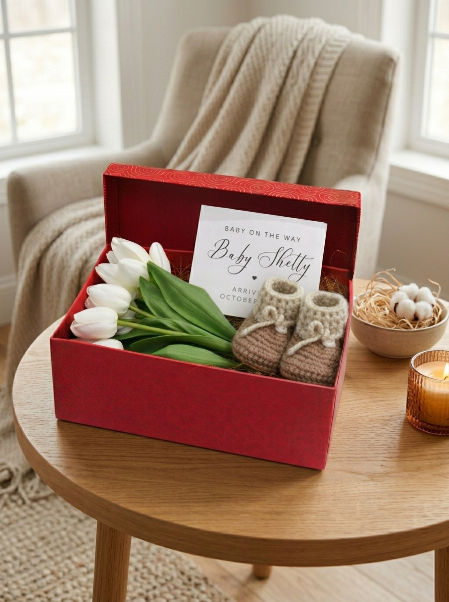 Red box with baby booties and tulips on a wooden table