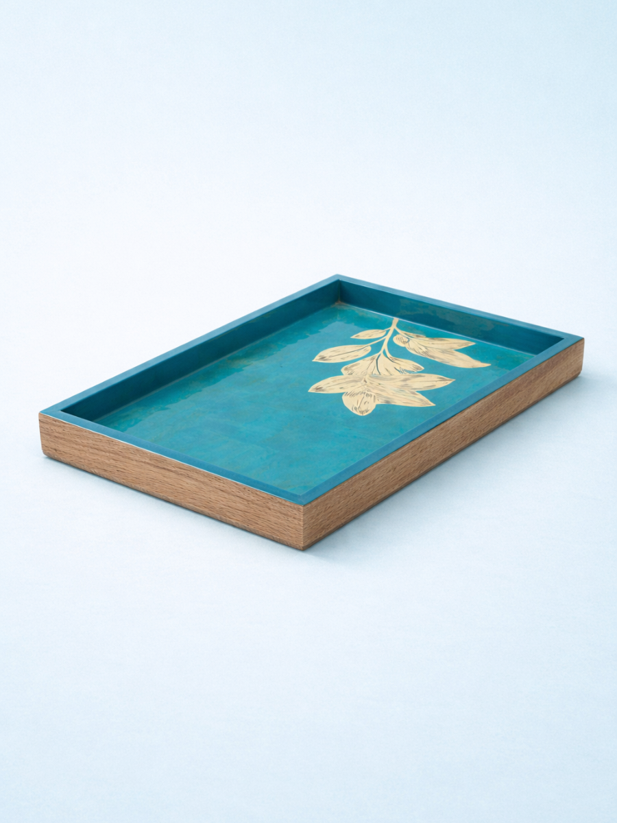 Large Turquoise Enamel Serving Wooden Tray (48cm L x 33cm W x 5cm)