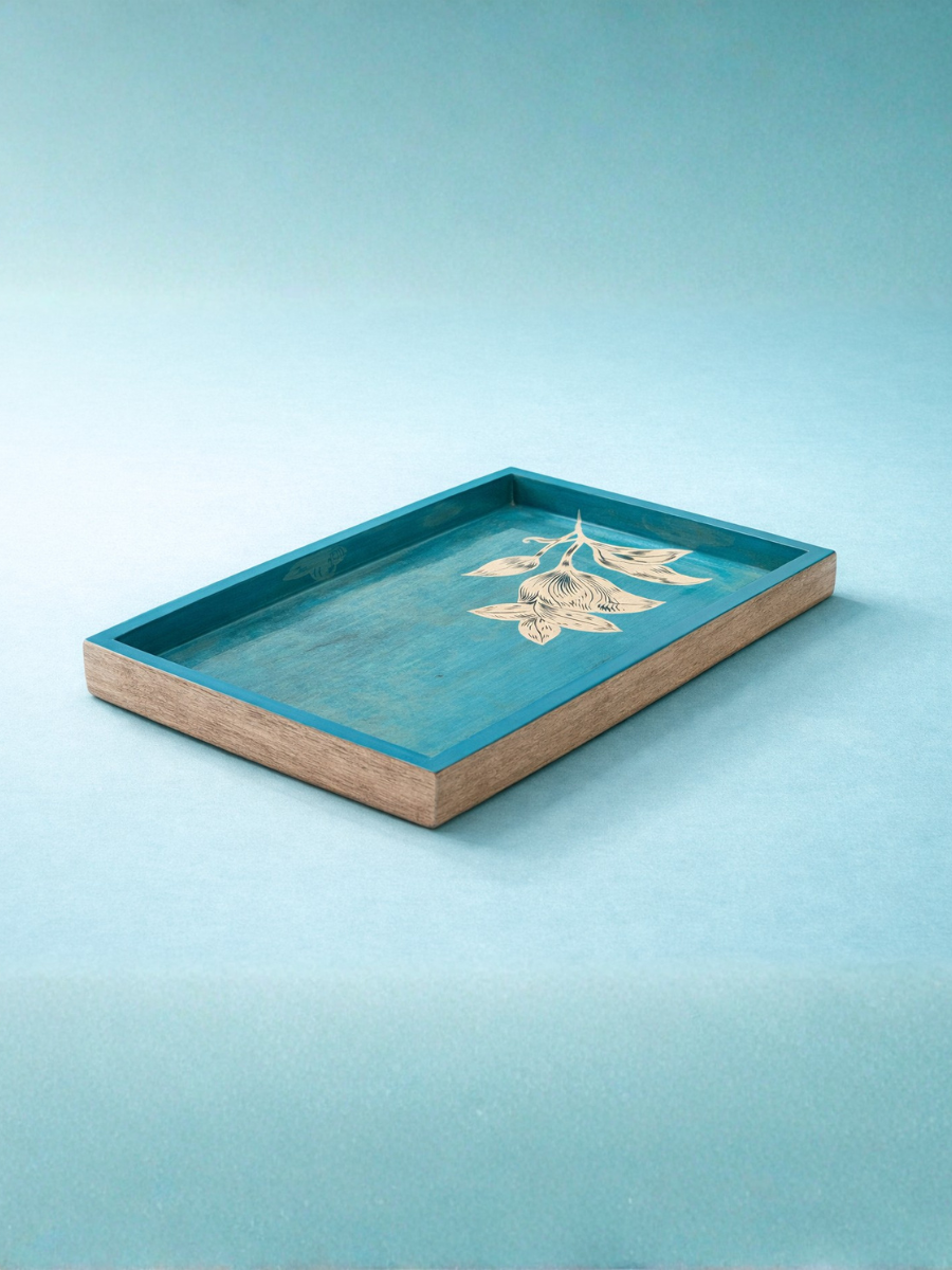 Large Turquoise Enamel Serving Wooden Tray (48cm L x 33cm W x 5cm)