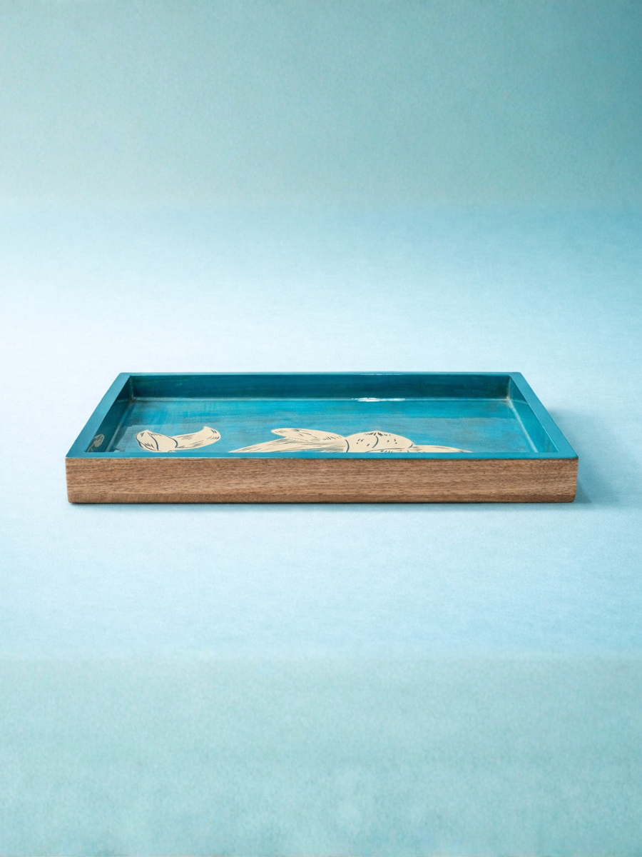 Large Turquoise Enamel Serving Wooden Tray (48cm L x 33cm W x 5cm)