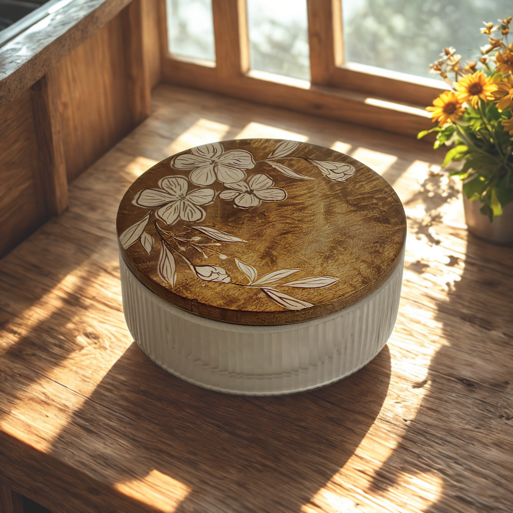 Handpainted Glass Roti Box with mango wood Lid
