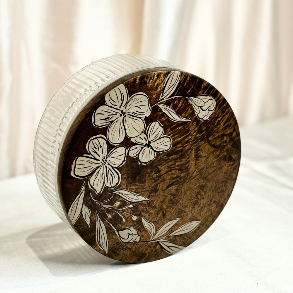 Handpainted Glass Roti Box with mango wood Lid