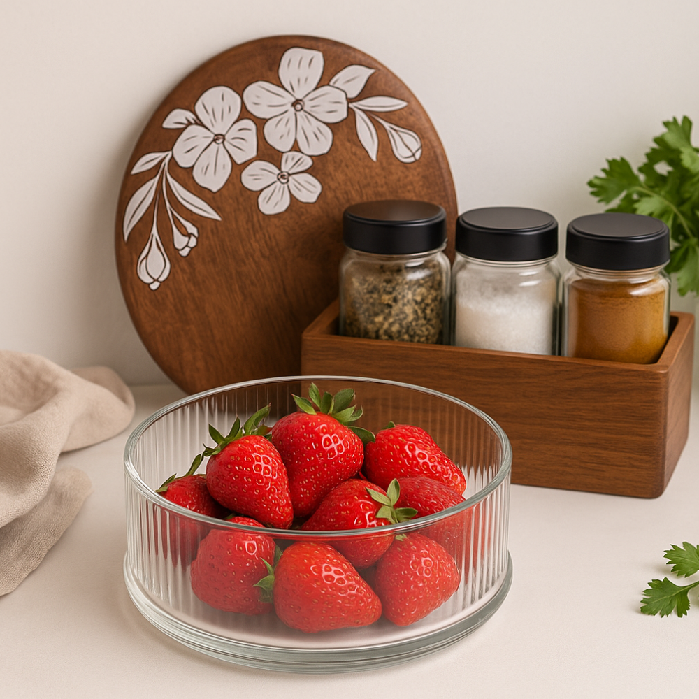 Handpainted Glass Roti Box with mango wood Lid