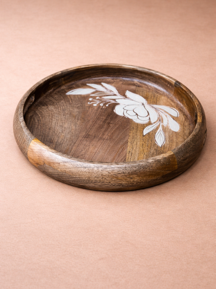 Hand-Painted Floral Wooden  Round Serving Tray