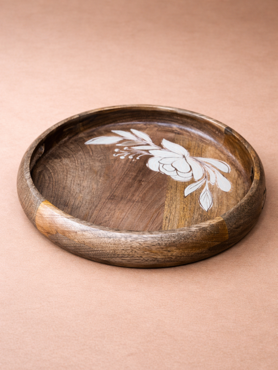 Hand-Painted Floral Wooden  Round Serving Tray