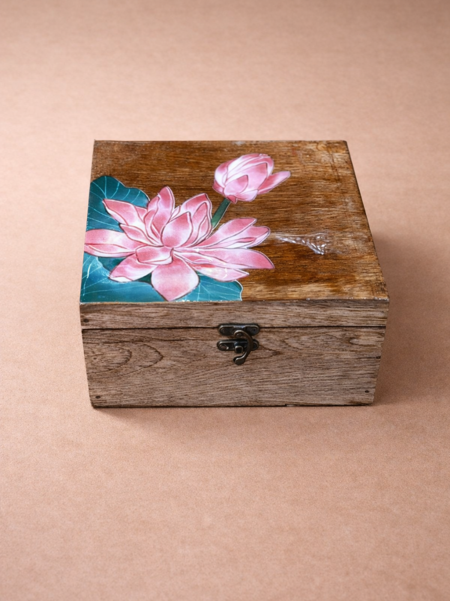 Hand-Painted Lotus Wooden Storage Box (L 21 Cm x W 21 Cm x H 10 Cm)