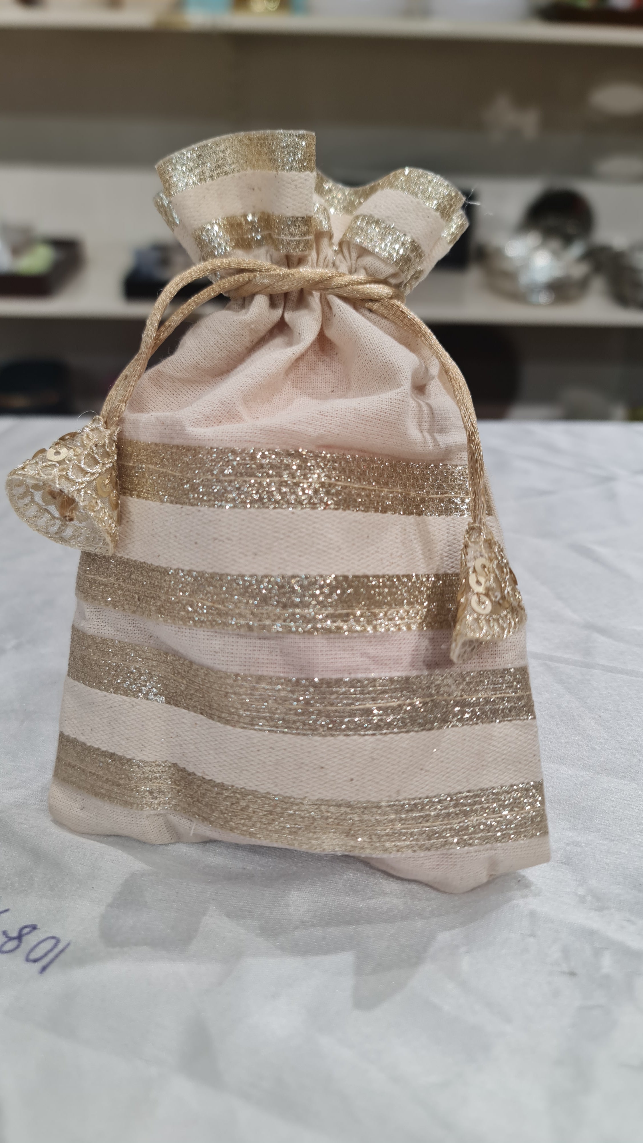 Gold Glitter Striped Drawstring Gift Jute Potli  – Elegant Reusable Favor Bag (20 Cm Height x 13 Cm Width)