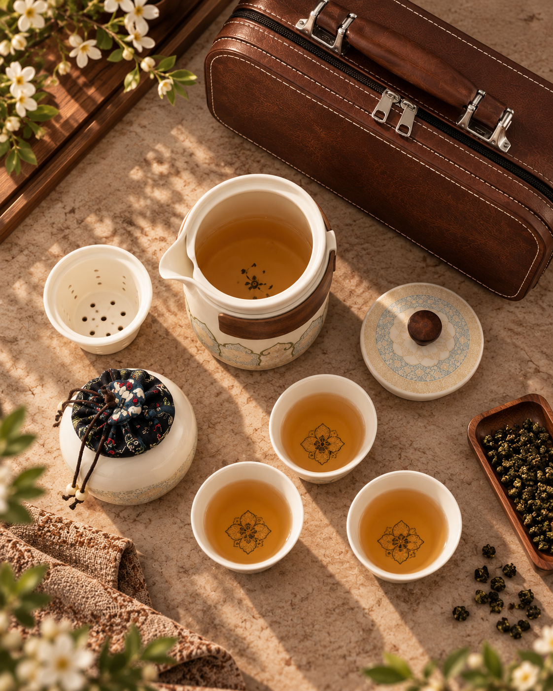 Oriental Ceramic Travel Tea Set with Leather Case – 6 Pc