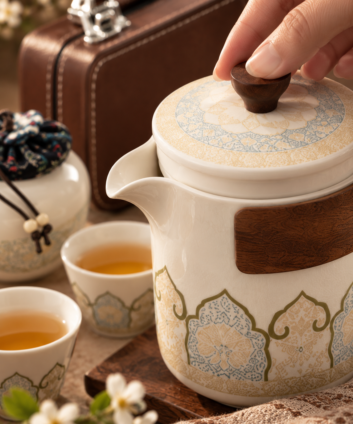 Oriental Ceramic Travel Tea Set with Leather Case – 6 Pc