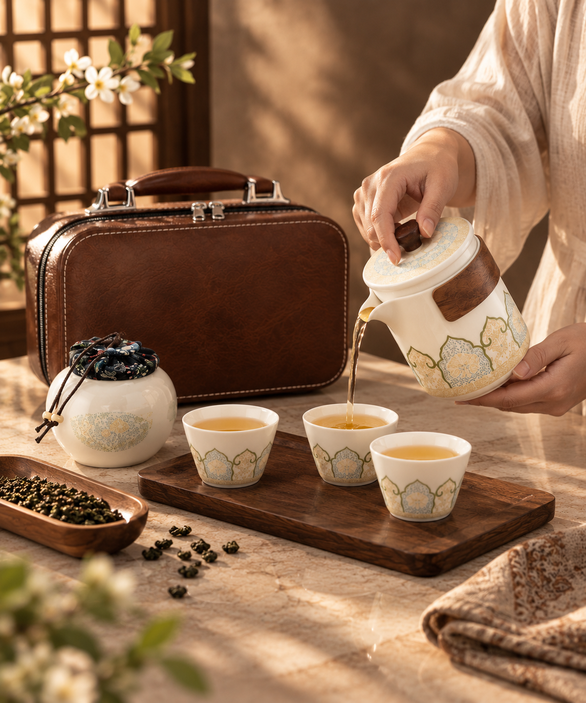 Oriental Ceramic Travel Tea Set with Leather Case – 6 Pc