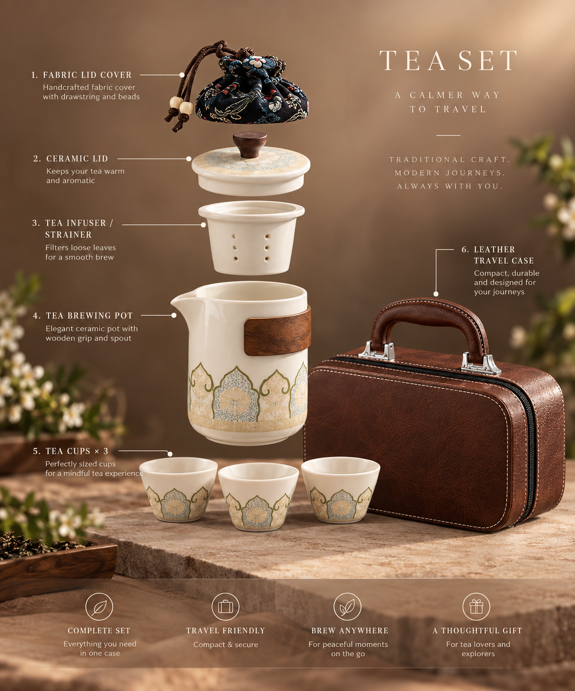 Oriental Ceramic Travel Tea Set with Leather Case – 6 Pc