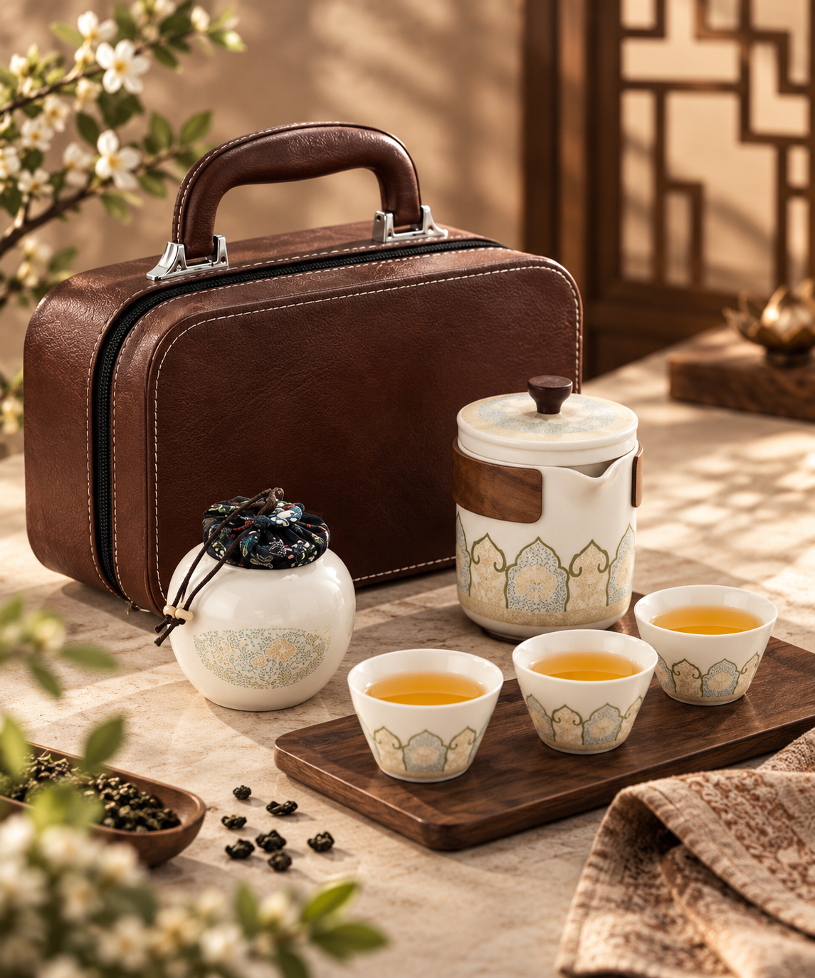 Oriental Ceramic Travel Tea Set with Leather Case – 6 Pc