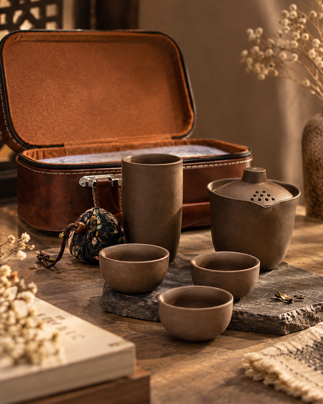 Artisanal Blue Ceramic Tea Set with Case - Handmade Clay Teapot