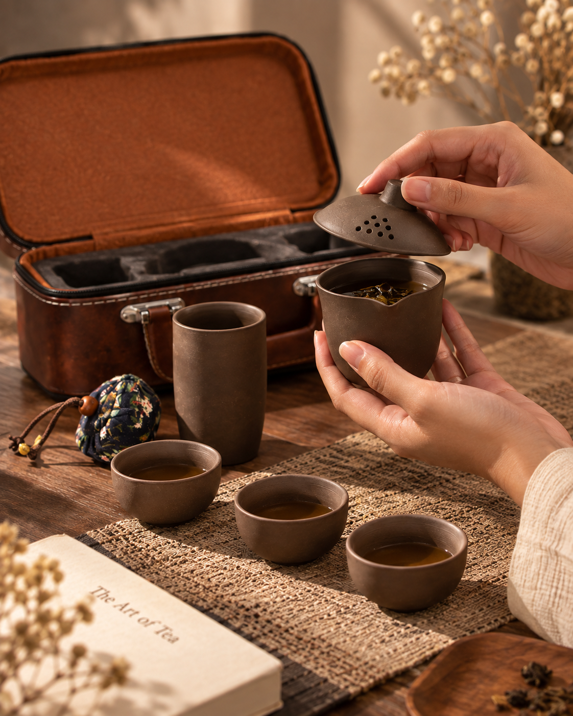 Artisanal Asian Tea Set with Case - Handmade Clay Teapot