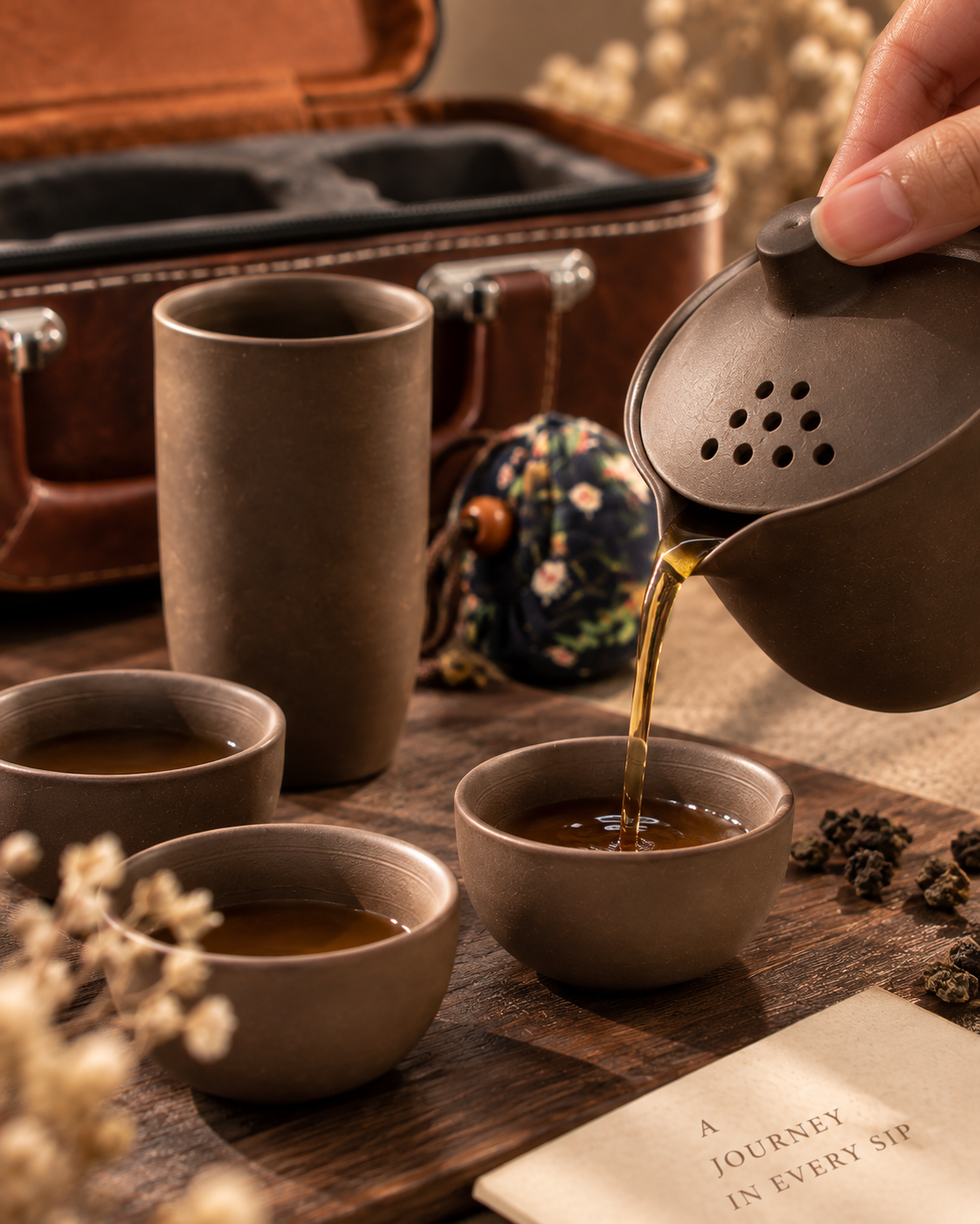 Artisanal Asian Tea Set with Case - Handmade Clay Teapot