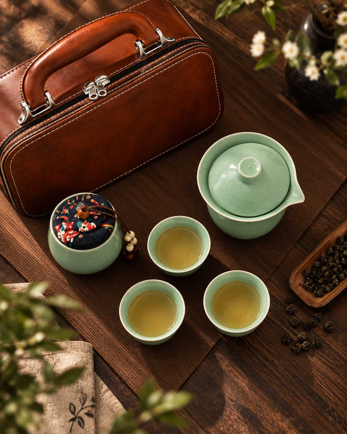 Celadon Crackle Kung Fu Tea Set with Leather Travel Case
