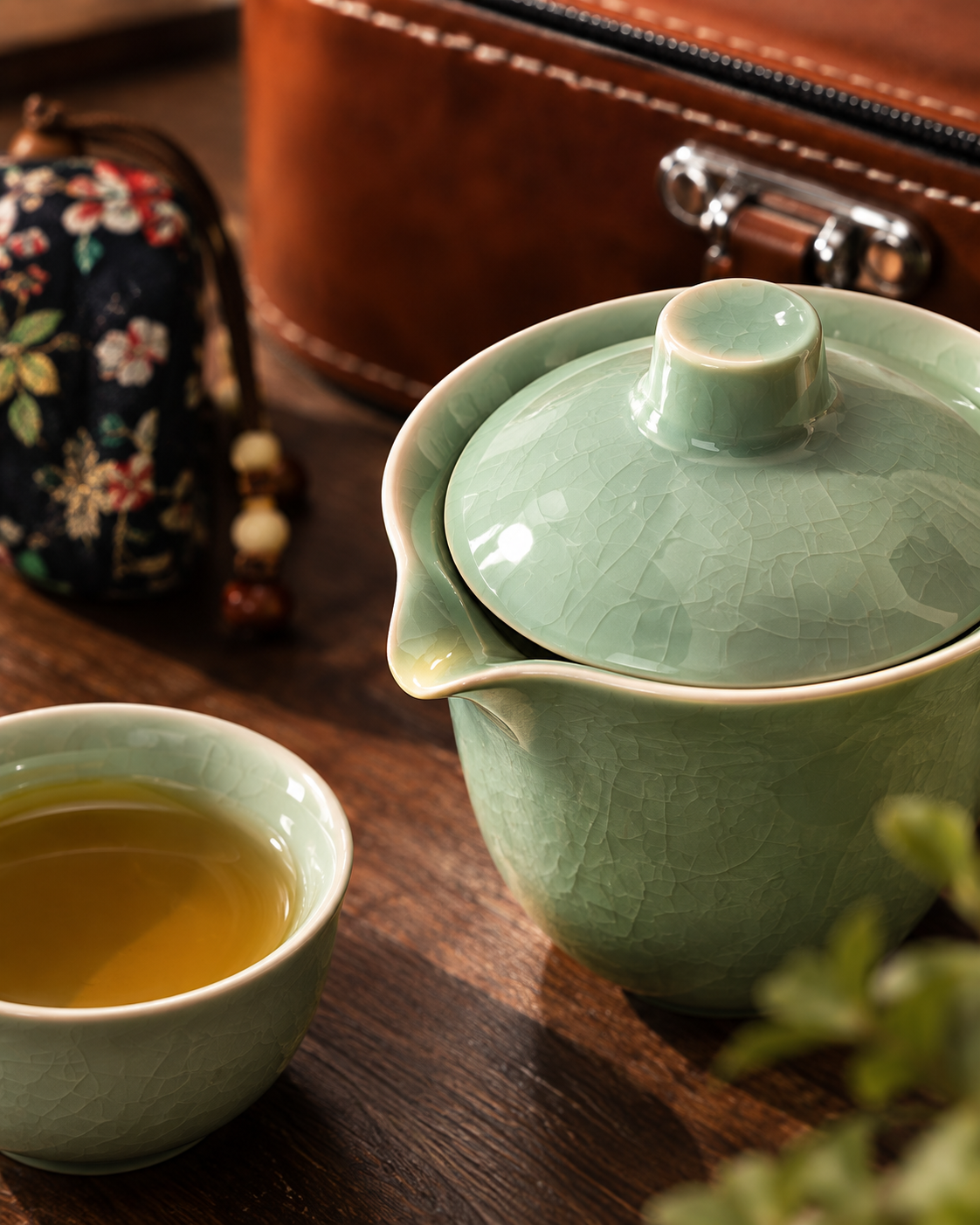 Celadon Crackle Kung Fu Tea Set with Leather Travel Case