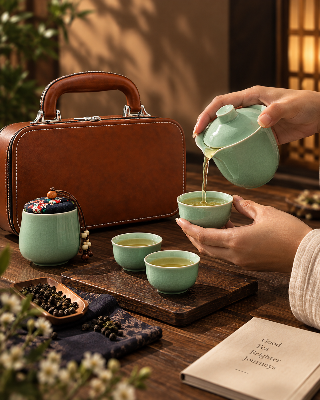 Celadon Crackle Kung Fu Tea Set with Leather Travel Case