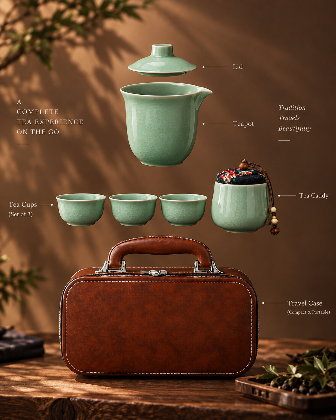 Celadon Crackle Kung Fu Tea Set with Leather Travel Case