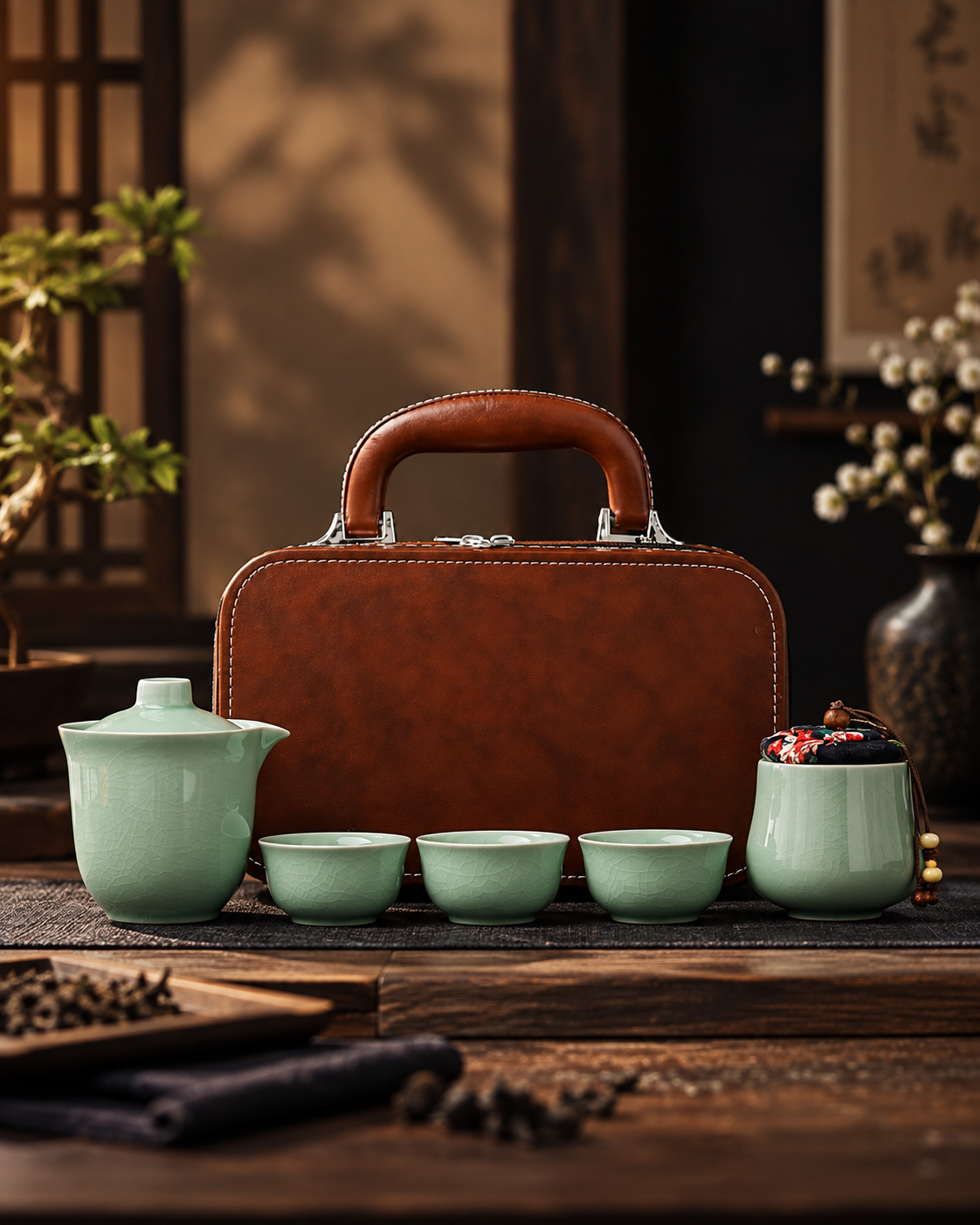Celadon Crackle Kung Fu Tea Set with Leather Travel Case