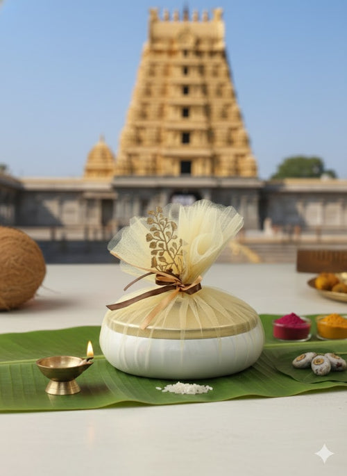 Thamboolam White & Gold Decorative Flower-Top Storage Jar with Decoration Kit