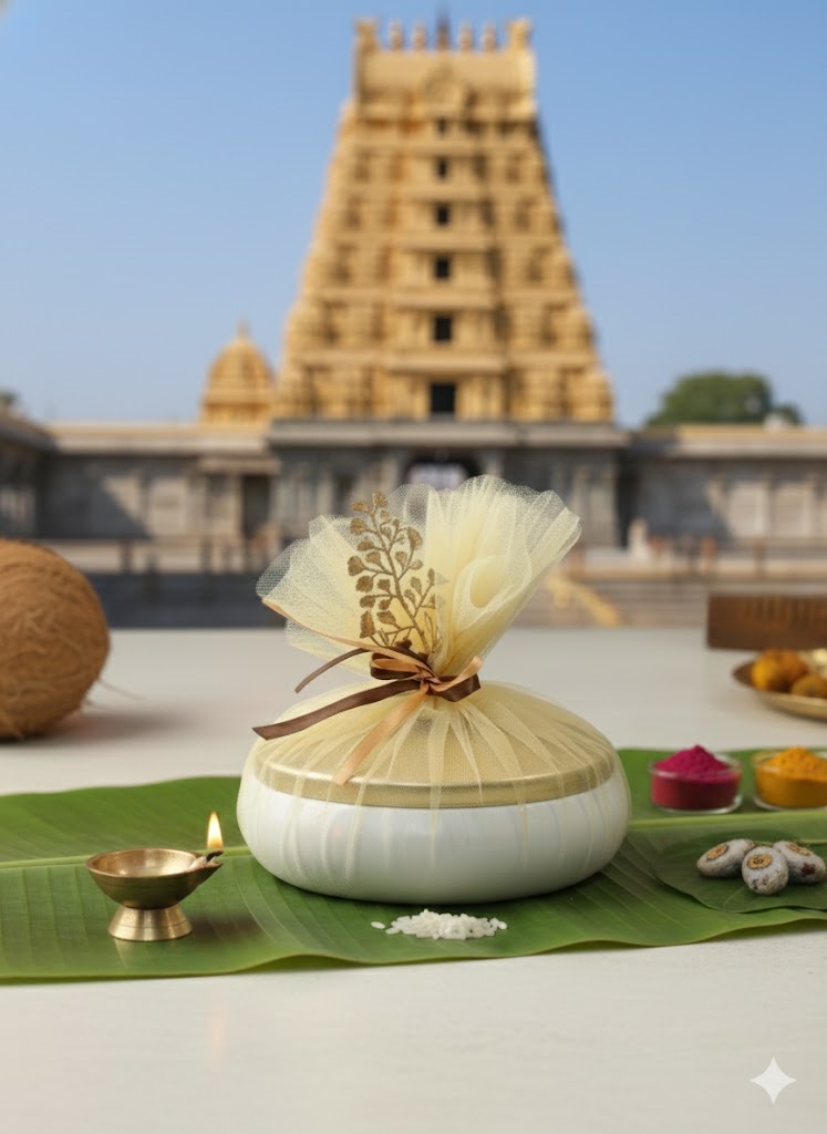 Thamboolam White & Gold Decorative Flower-Top Storage Jar with Decoration Kit