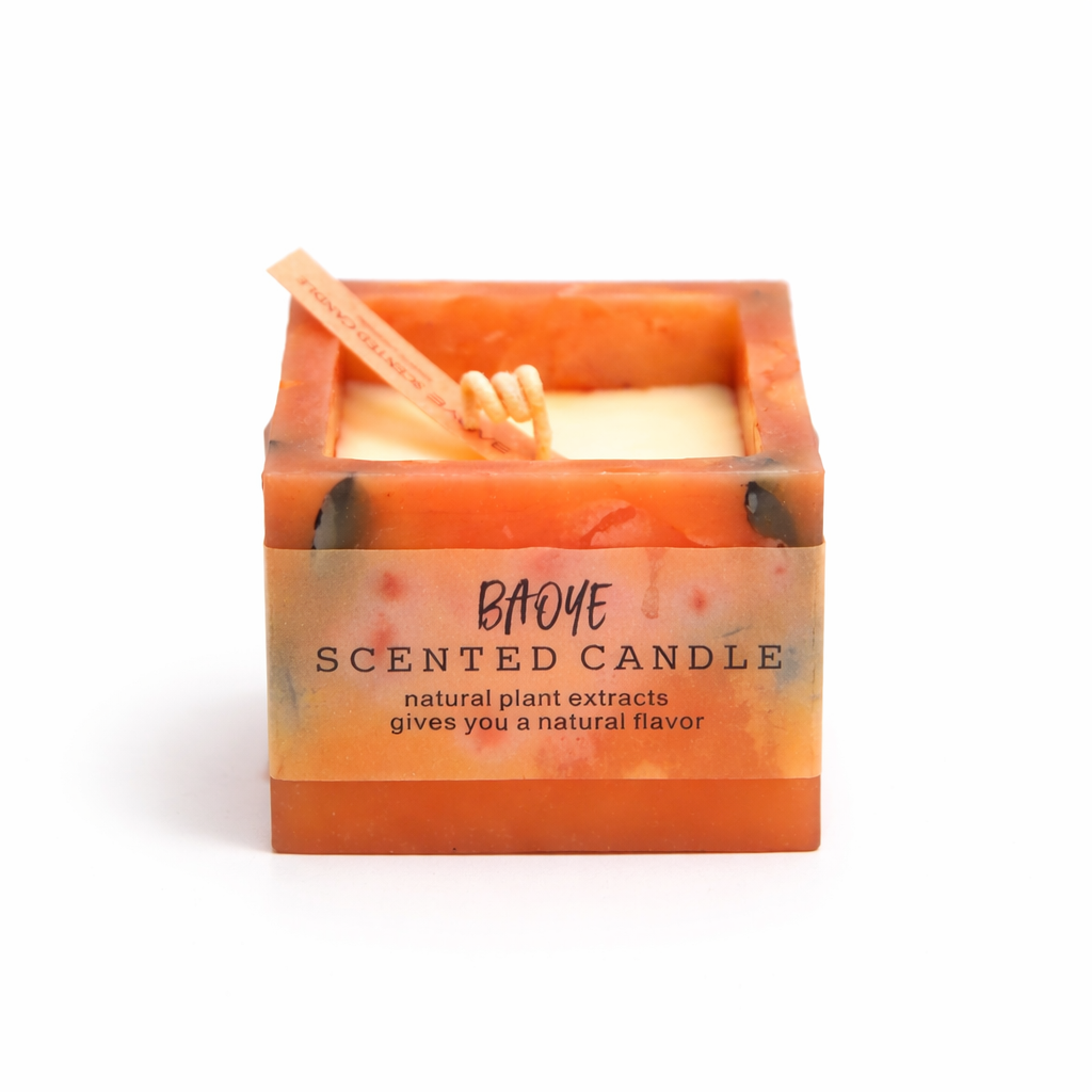 Scented candle with a wooden wick in a decorative container on a white background