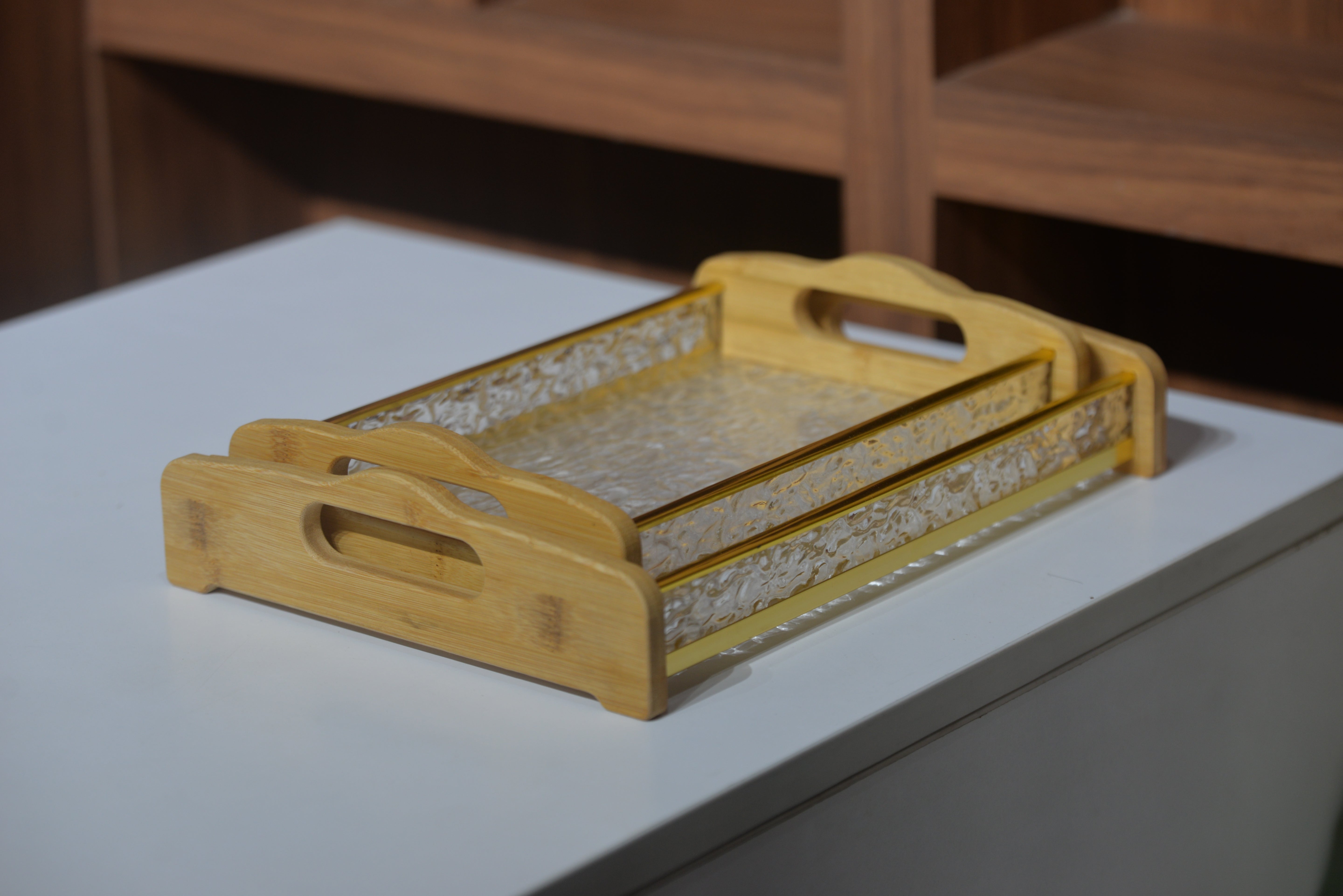 Acrylic & Bamboo Serving Tray Set of 2 | Textured Base | Home, Gifting & Décor