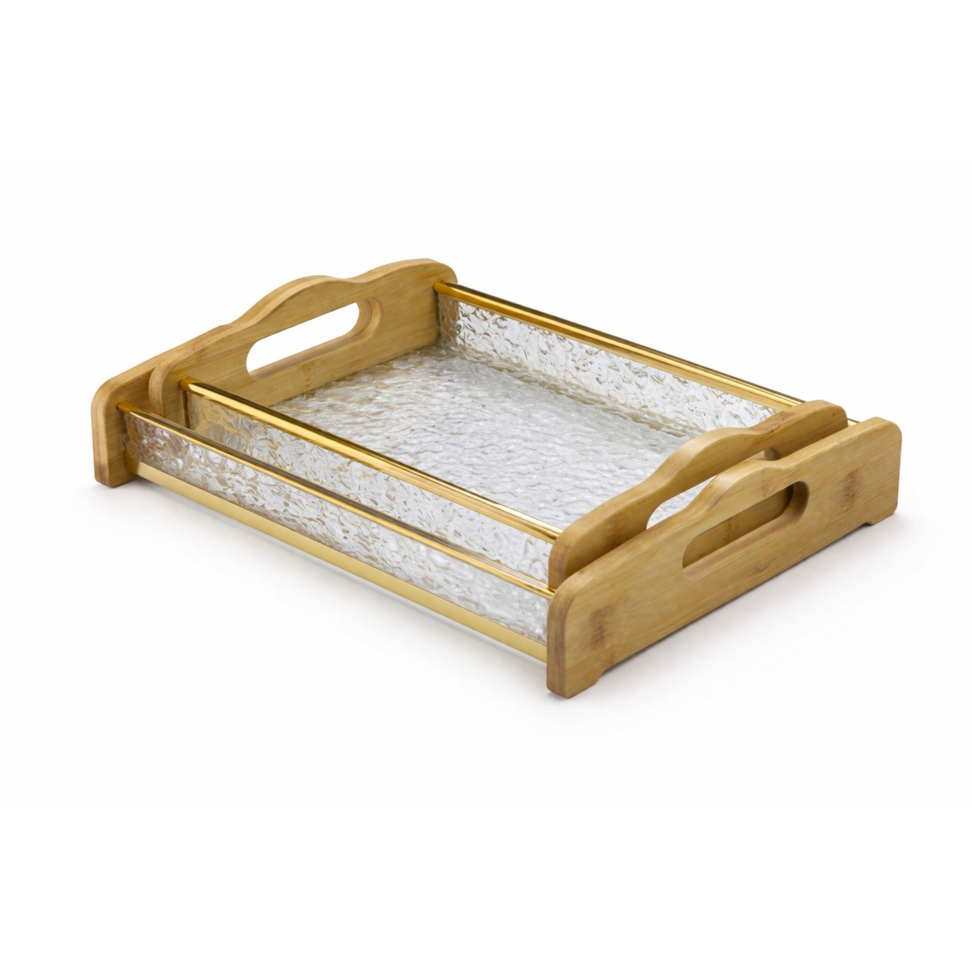 Wooden tray with metallic interior on a white background