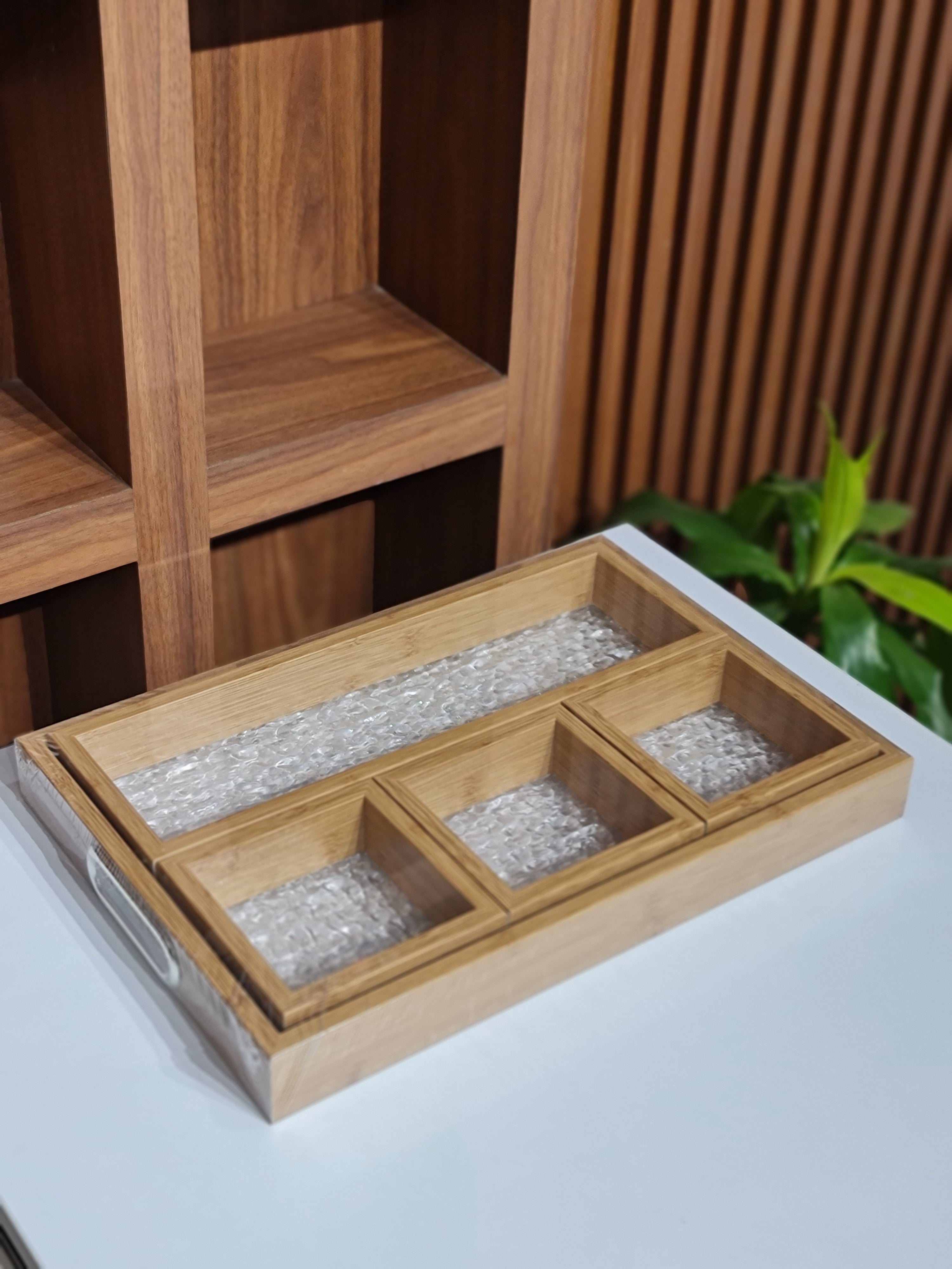 Bamboo Tray Set with Glass Base | 5-Piece Organiser for Kitchen, Vanity & Gift Hamper
