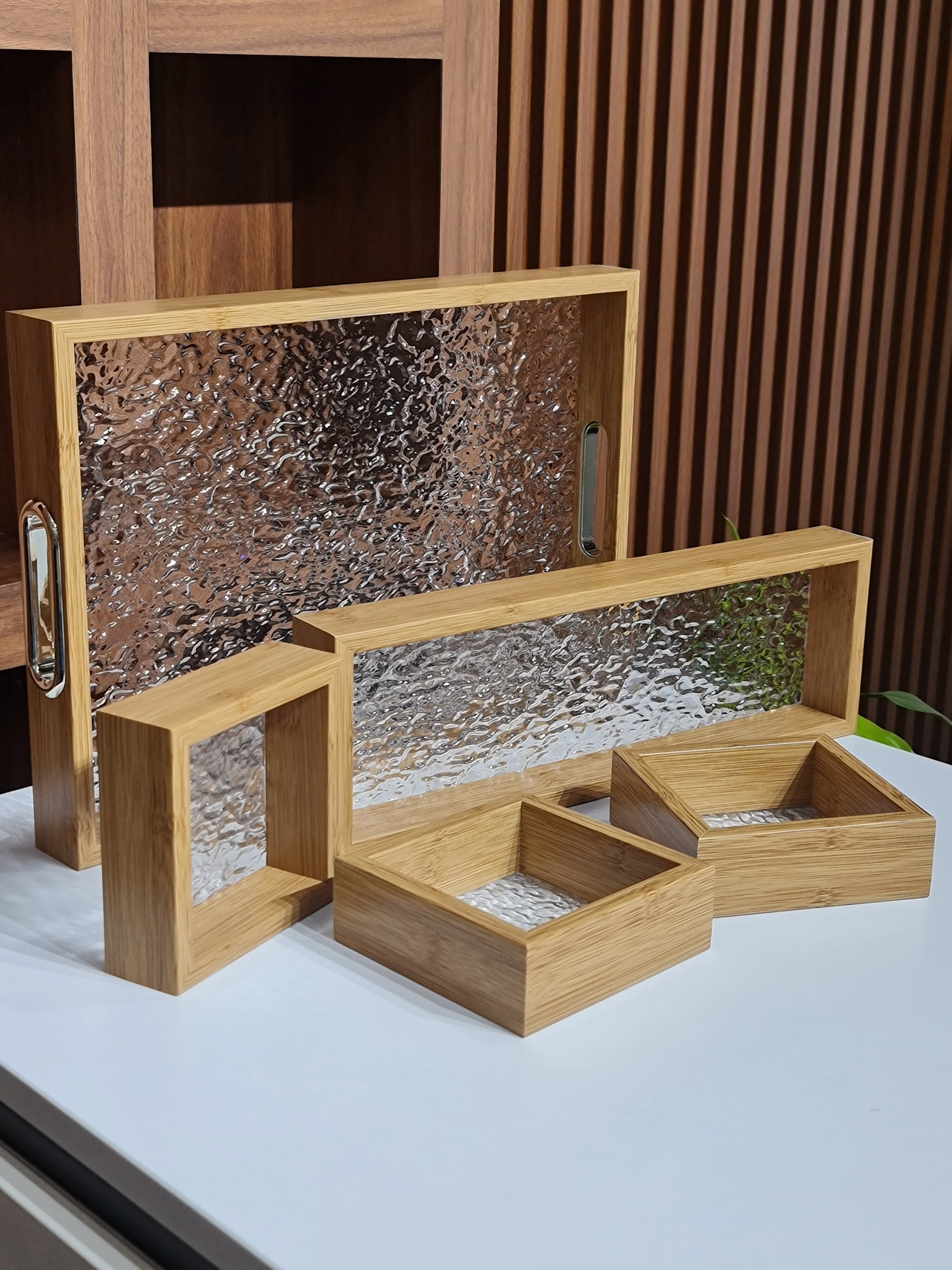 Bamboo Tray Set with Glass Base | 5-Piece Organiser for Kitchen, Vanity & Gift Hamper