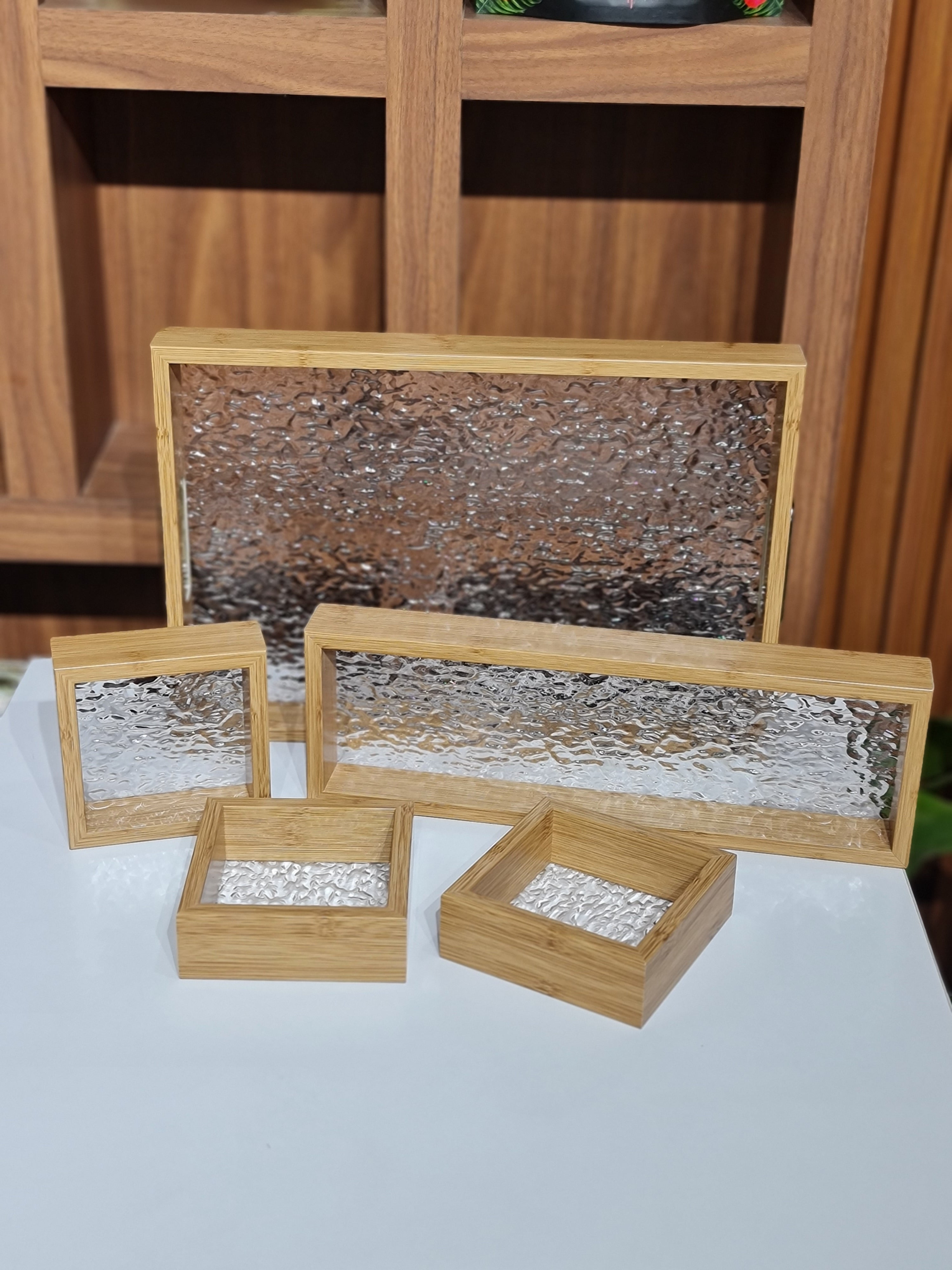 Bamboo Tray Set with Glass Base | 5-Piece Organiser for Kitchen, Vanity & Gift Hamper