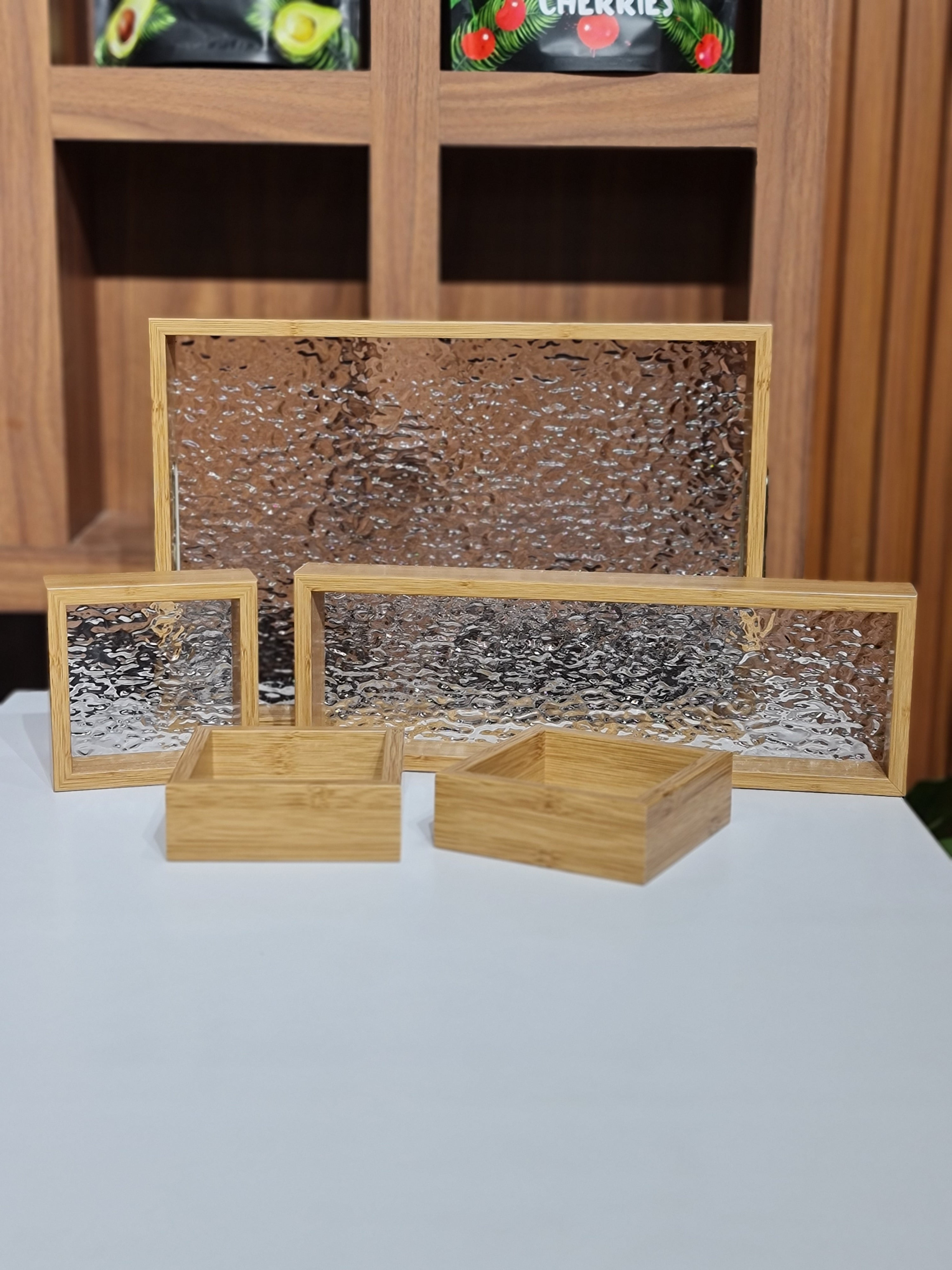 Bamboo Tray Set with Glass Base | 5-Piece Organiser for Kitchen, Vanity & Gift Hamper