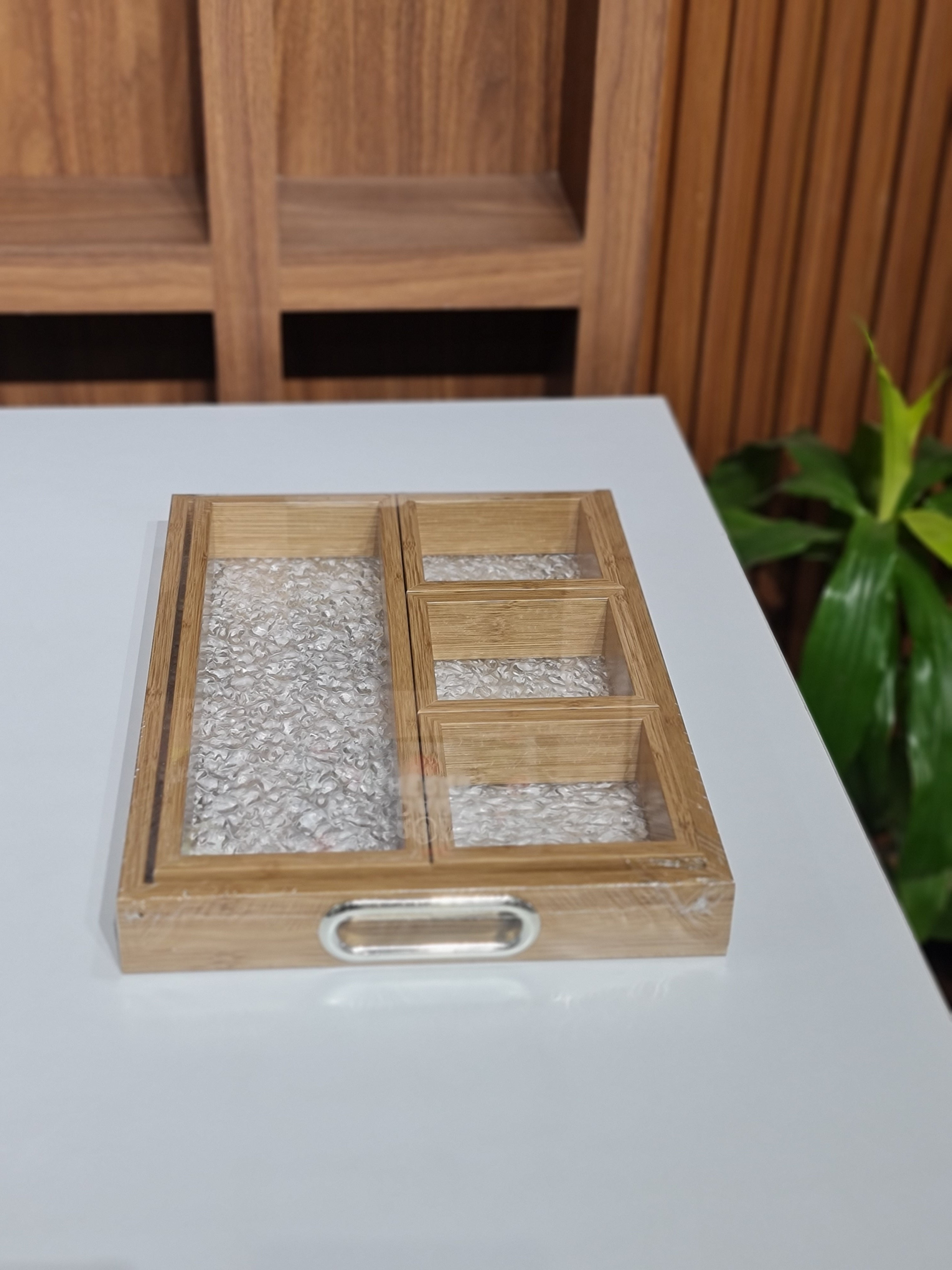 Bamboo Tray Set with Glass Base | 5-Piece Organiser for Kitchen, Vanity & Gift Hamper