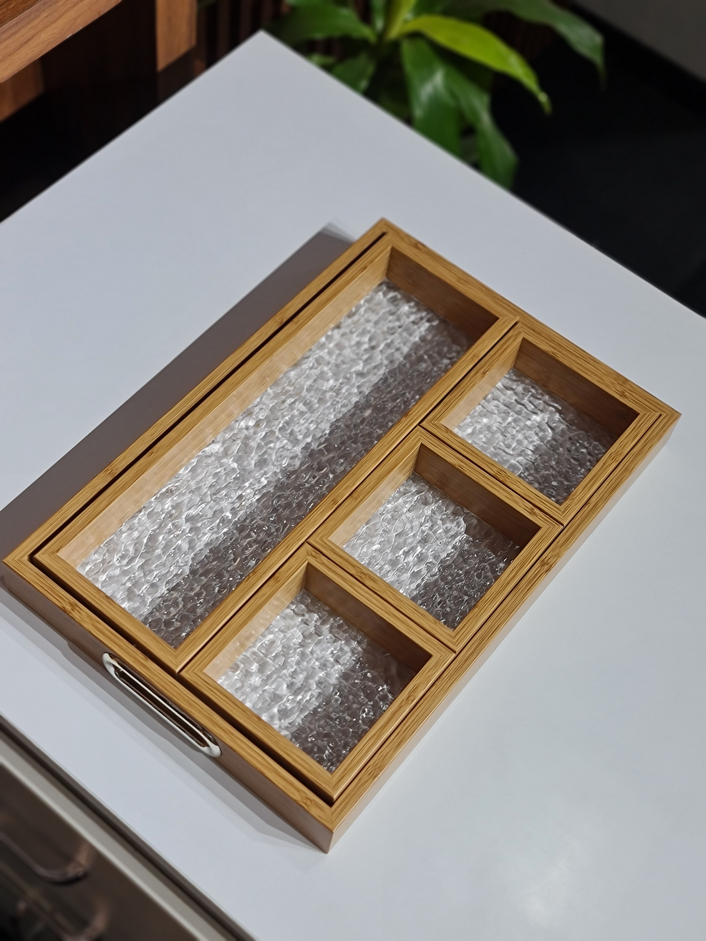 Bamboo Tray Set with Glass Base | 5-Piece Organiser for Kitchen, Vanity & Gift Hamper