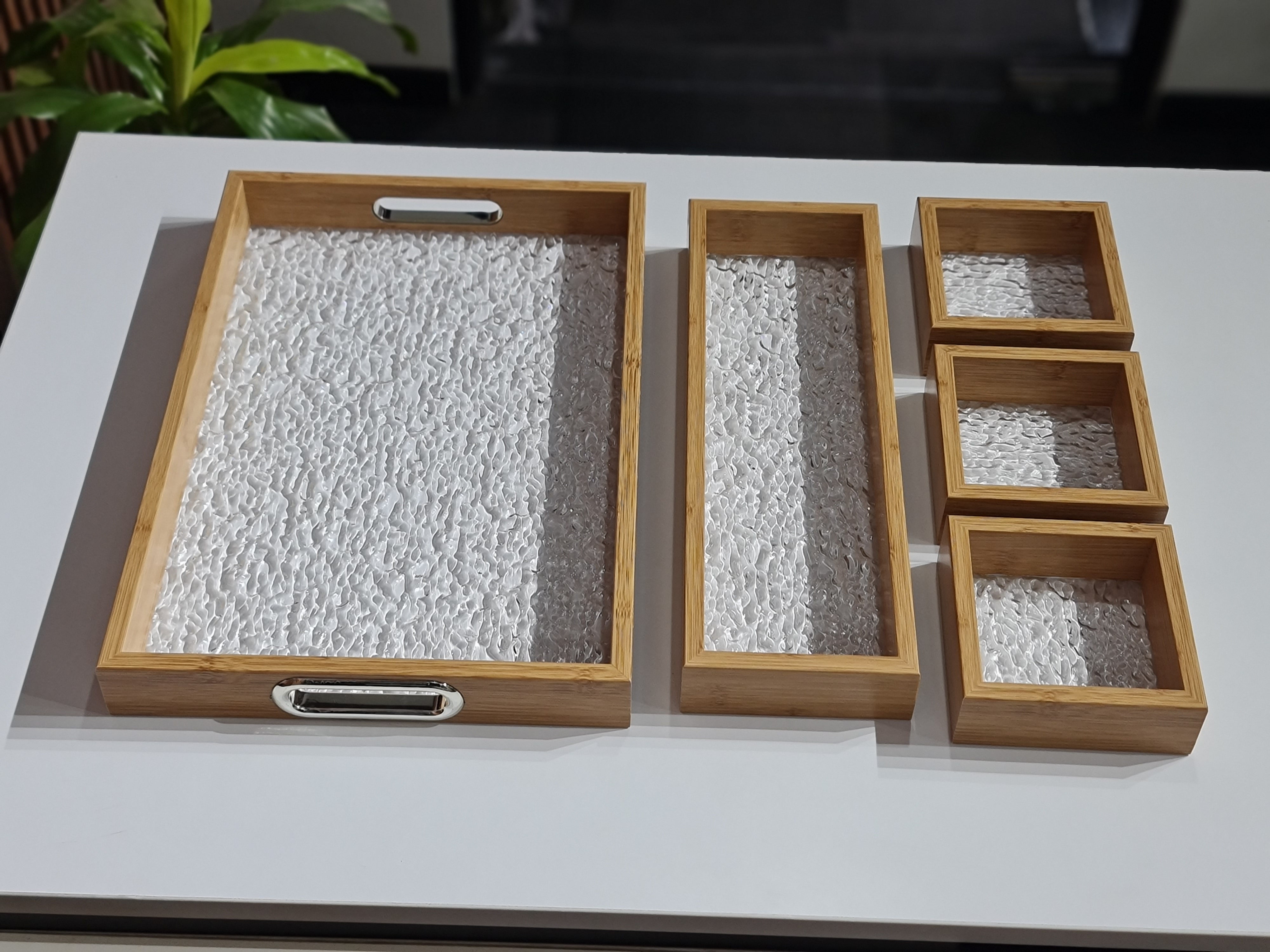 Bamboo Tray Set with Glass Base | 5-Piece Organiser for Kitchen, Vanity & Gift Hamper