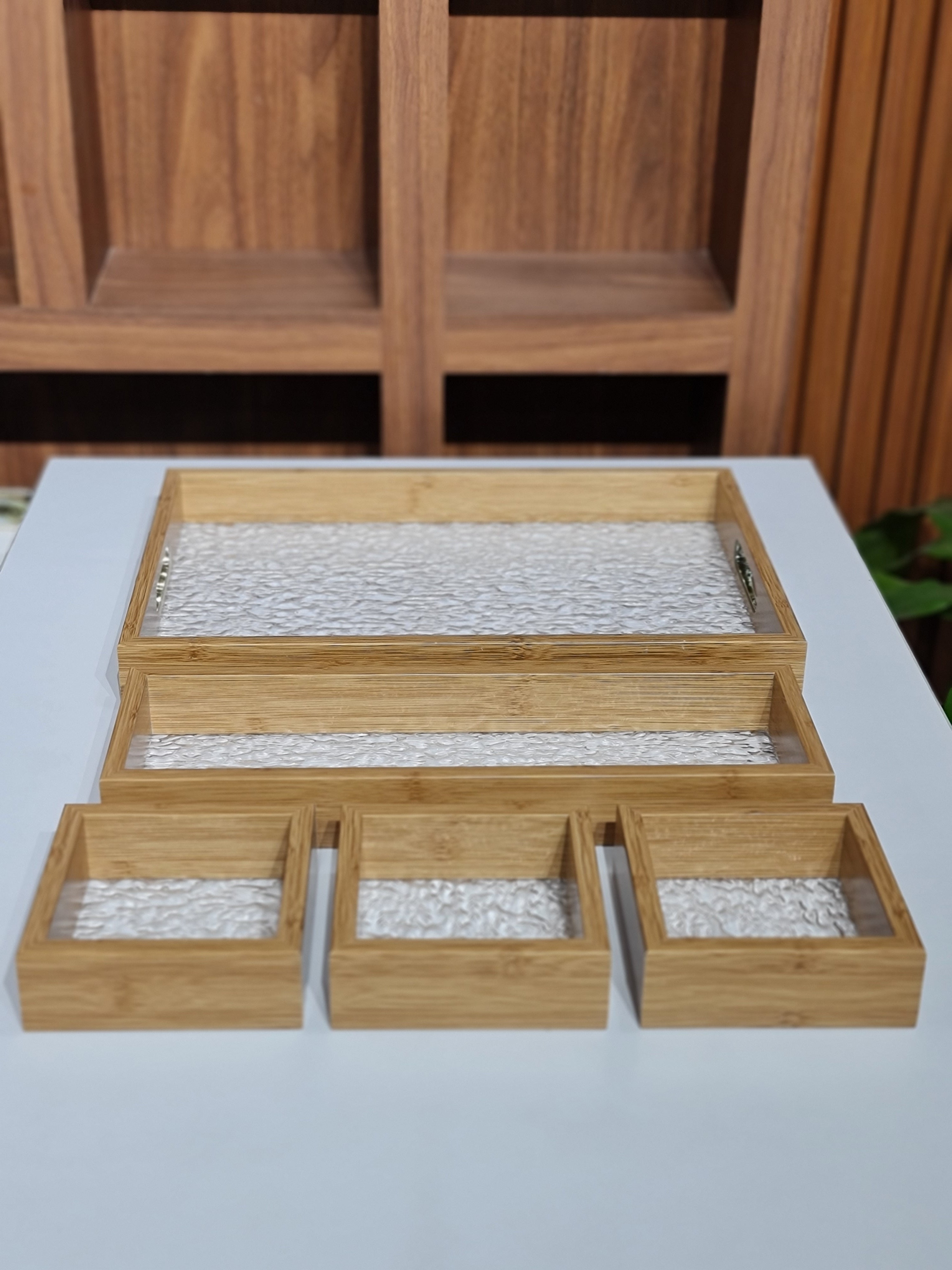 Bamboo Tray Set with Glass Base | 5-Piece Organiser for Kitchen, Vanity & Gift Hamper