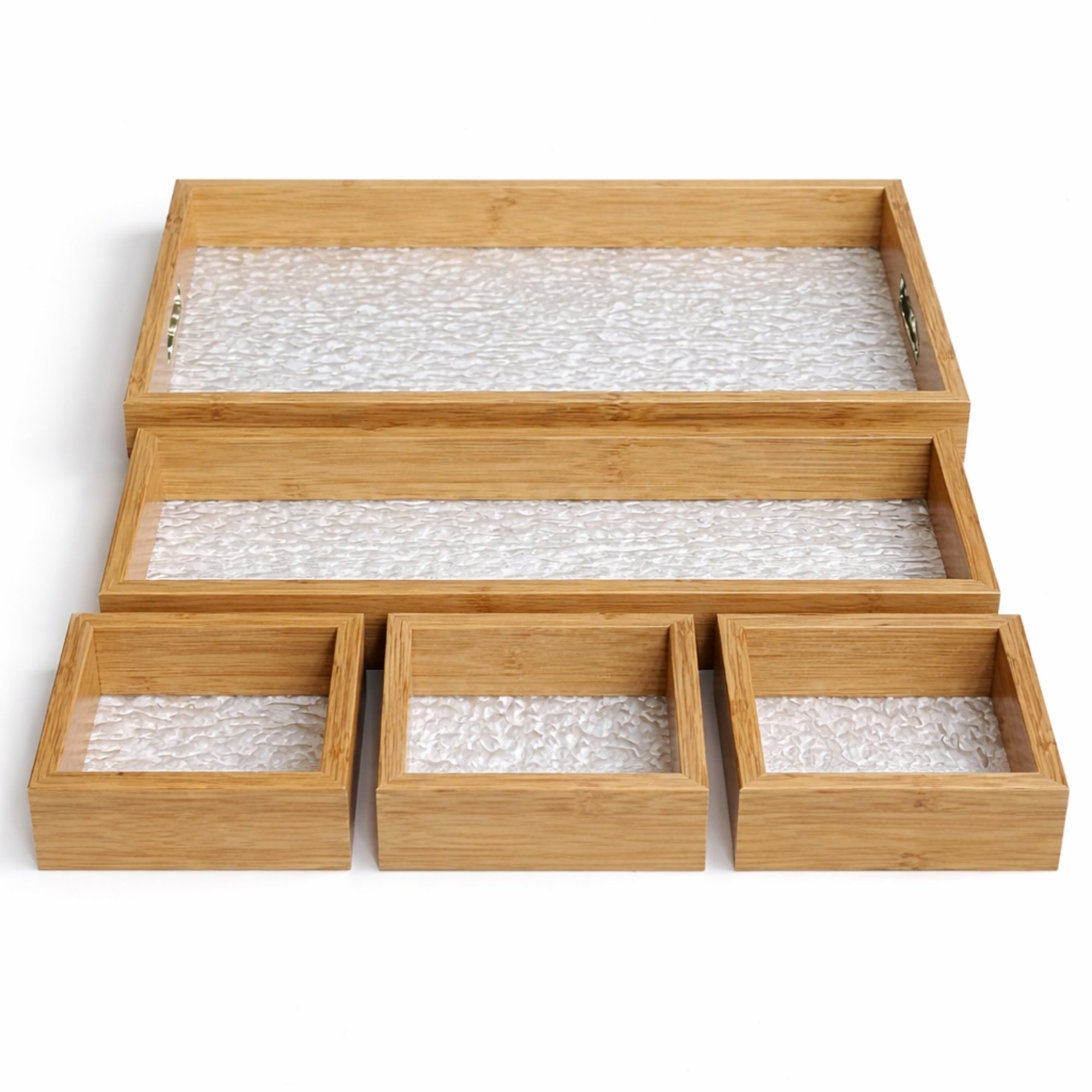 Bamboo Tray Set with Glass Base | 5-Piece Organiser for Kitchen, Vanity & Gift Hamper