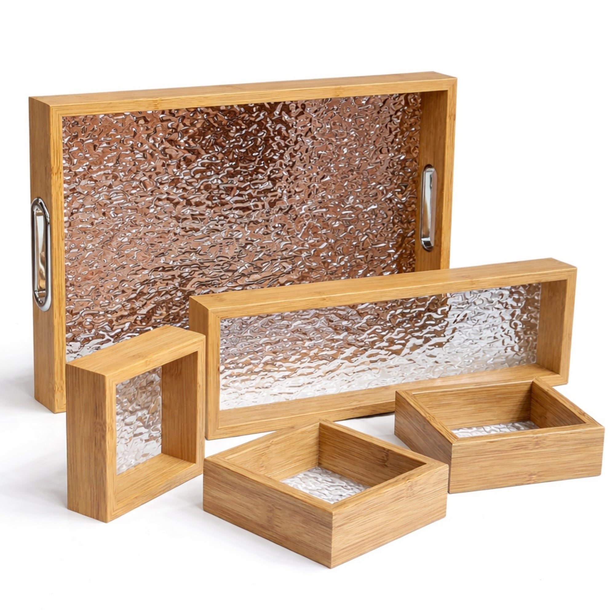 Bamboo Tray Set with Glass Base | 5-Piece Organiser for Kitchen, Vanity & Gift Hamper