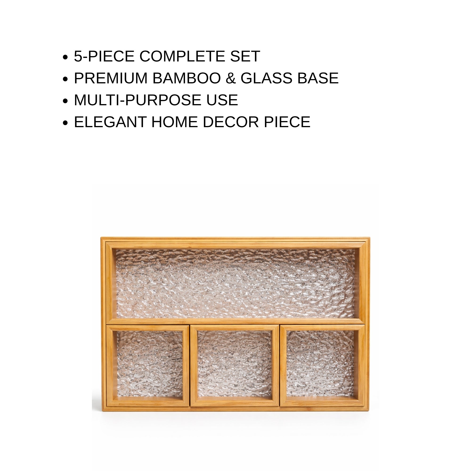 Bamboo Tray Set with Glass Base | 5-Piece Organiser for Kitchen, Vanity & Gift Hamper
