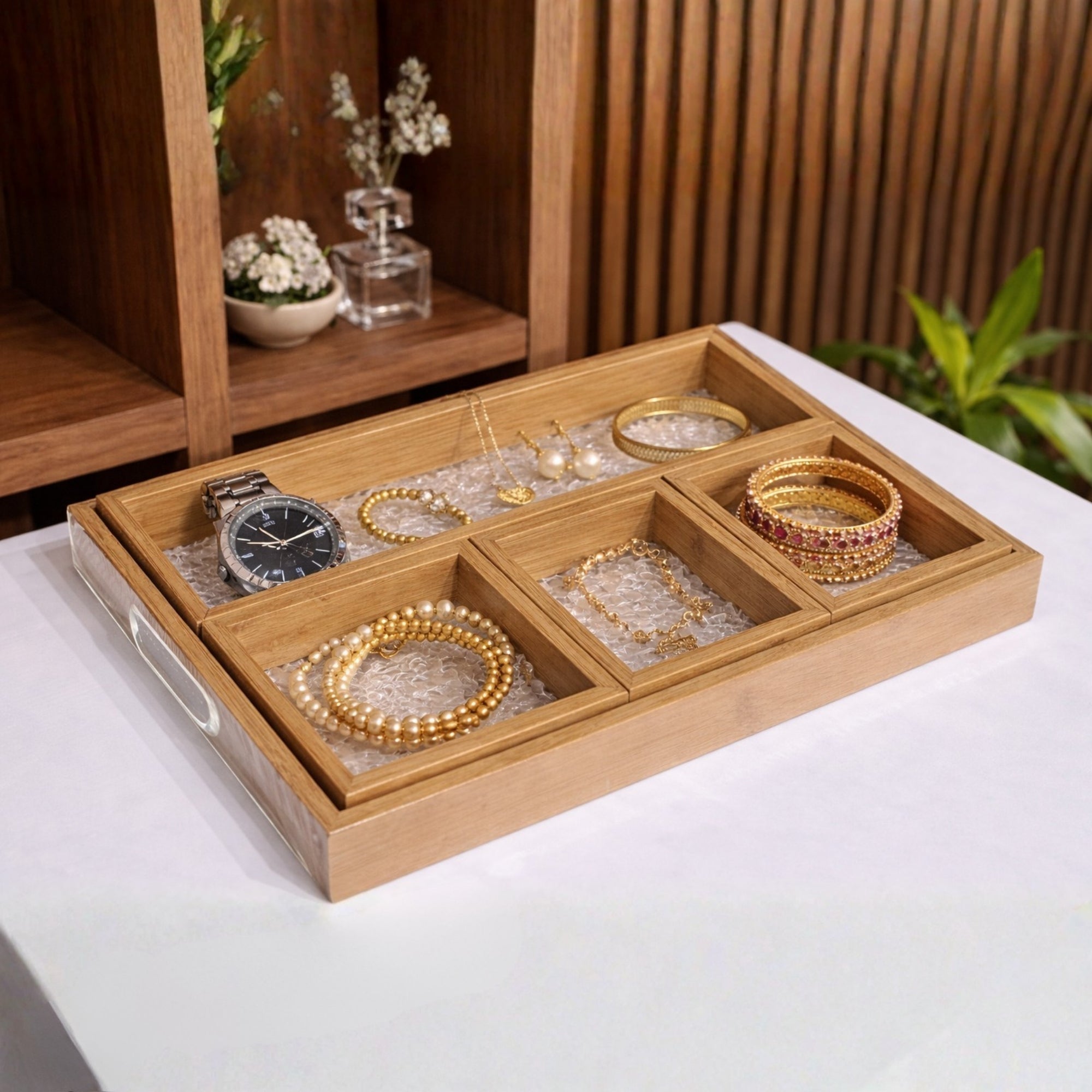 Bamboo Tray Set with Glass Base | 5-Piece Organiser for Kitchen, Vanity & Gift Hamper
