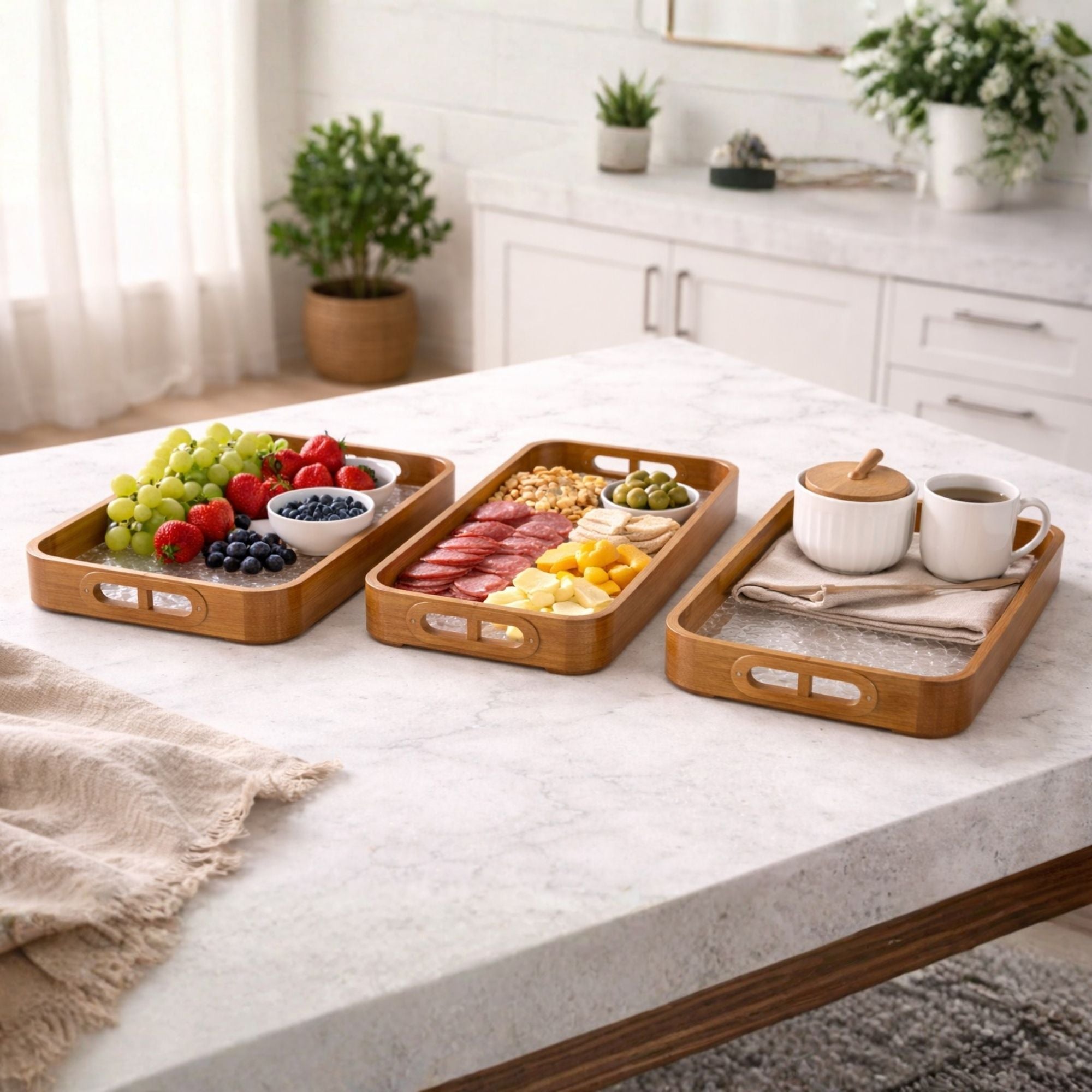 Set of 3 Bamboo Wood Serving Trays wit Crackle Glass Base & Cut-Out Handles
