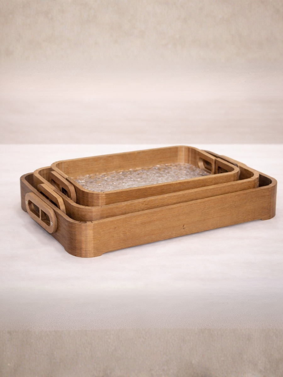 Set of 3 Bamboo Wood Serving Trays wit Crackle Glass Base & Cut-Out Handles