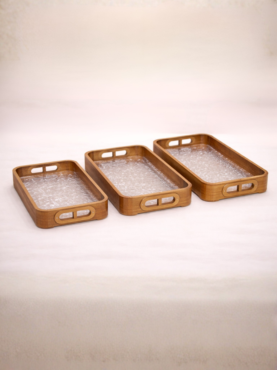 Set of 3 Bamboo Wood Serving Trays wit Crackle Glass Base & Cut-Out Handles