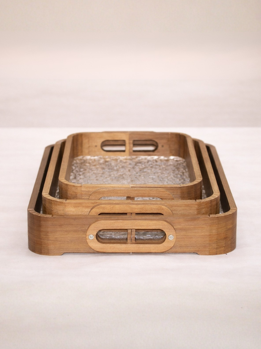 Set of 3 Bamboo Wood Serving Trays wit Crackle Glass Base & Cut-Out Handles