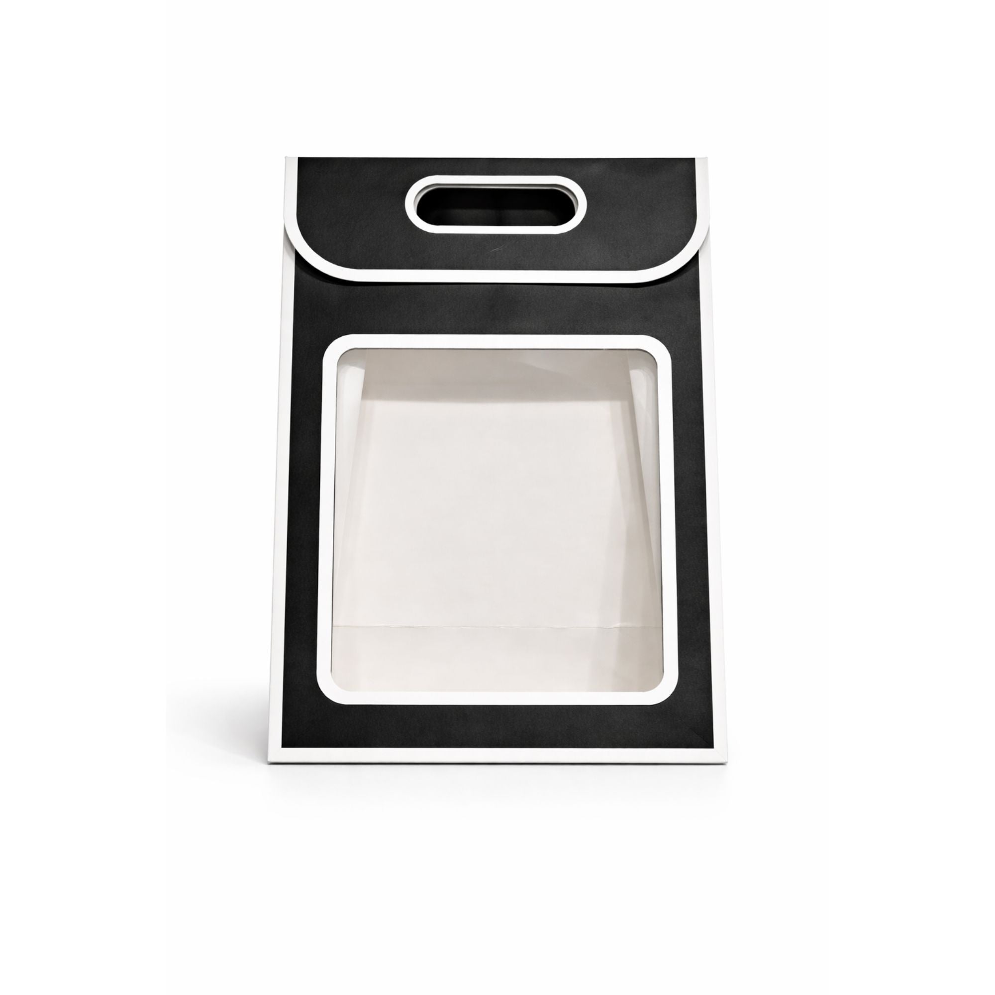 Premium Window Gift Bag — Matte Black & White | Clear PVC Front Panel | Die-Cut Handle | Pack of 12