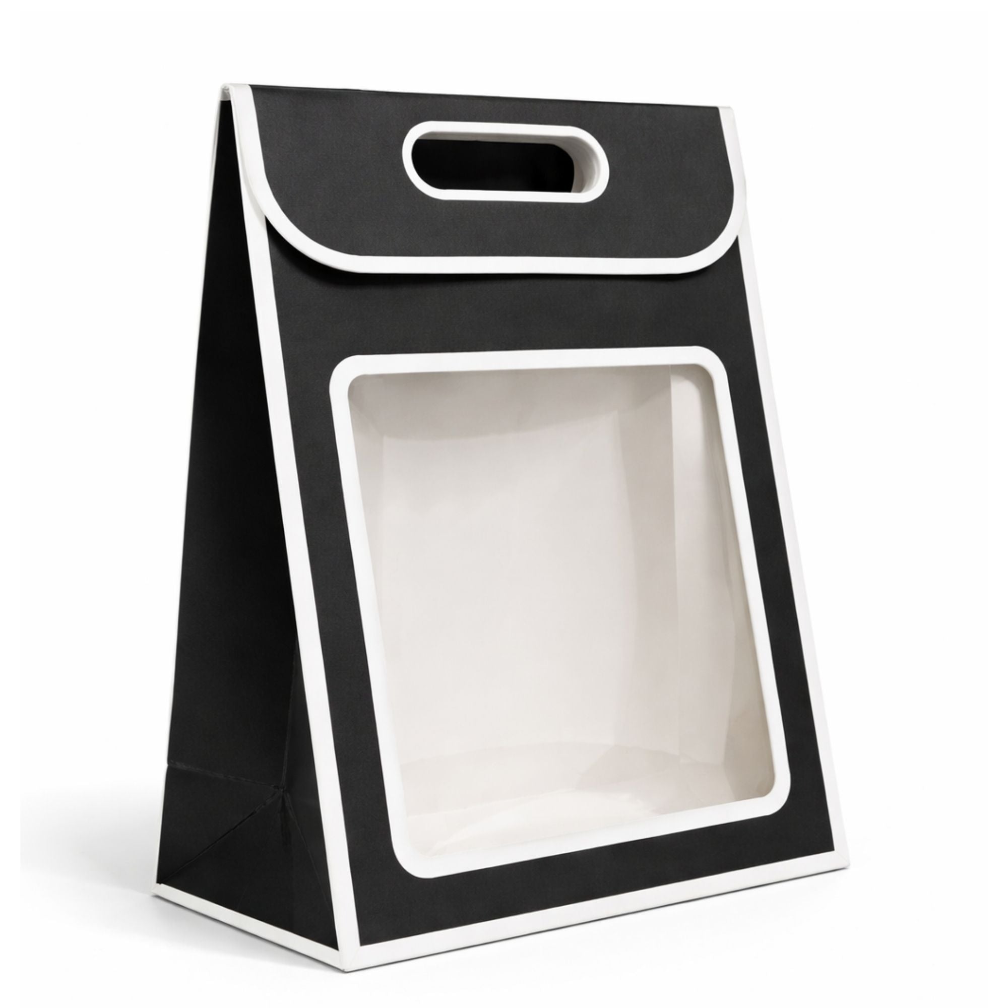 Premium Window Gift Bag — Matte Black & White | Clear PVC Front Panel | Die-Cut Handle | Pack of 12